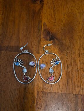 Picasso Inspired Drop Earrings with Blue Eye and Red Heart New